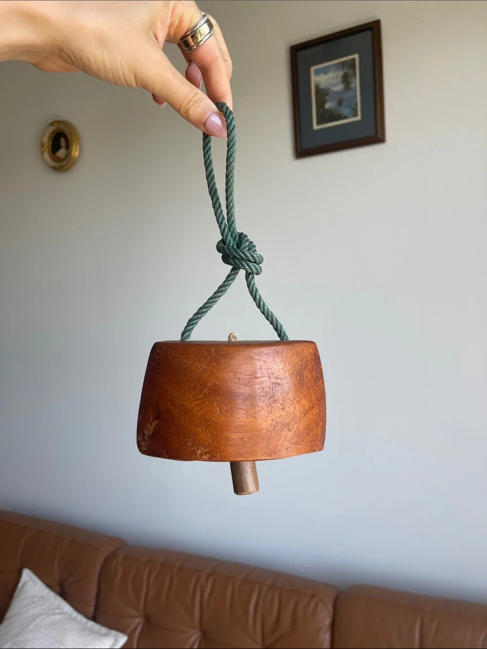 Handcrafted Brown Wooden Bell with Green Rope - Home Wall Decor